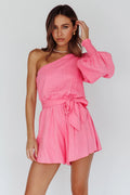 Summer Lover One-Shoulder Long Sleeve Romper Pink