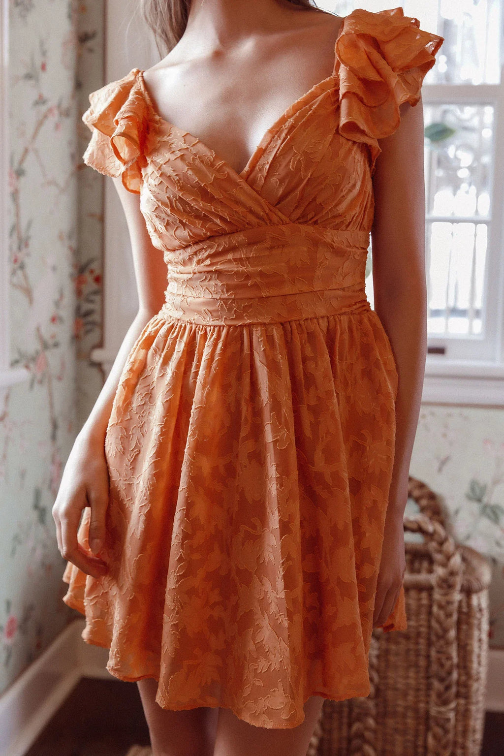 Lola Ruffle Shoulder Ruched Dress Textured Orange