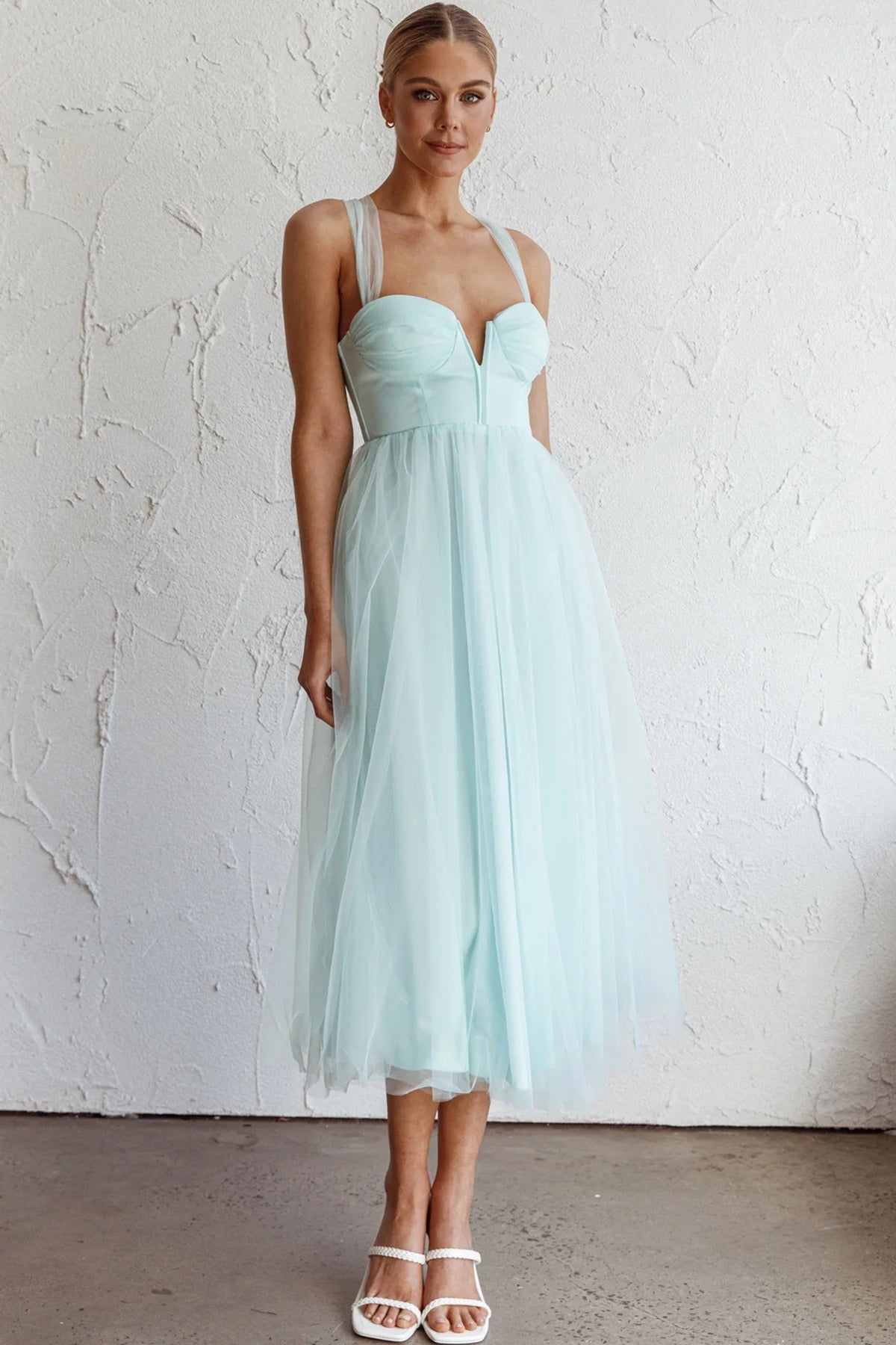 Surreal Lace-Up Back Tulle Midi Dress Mint