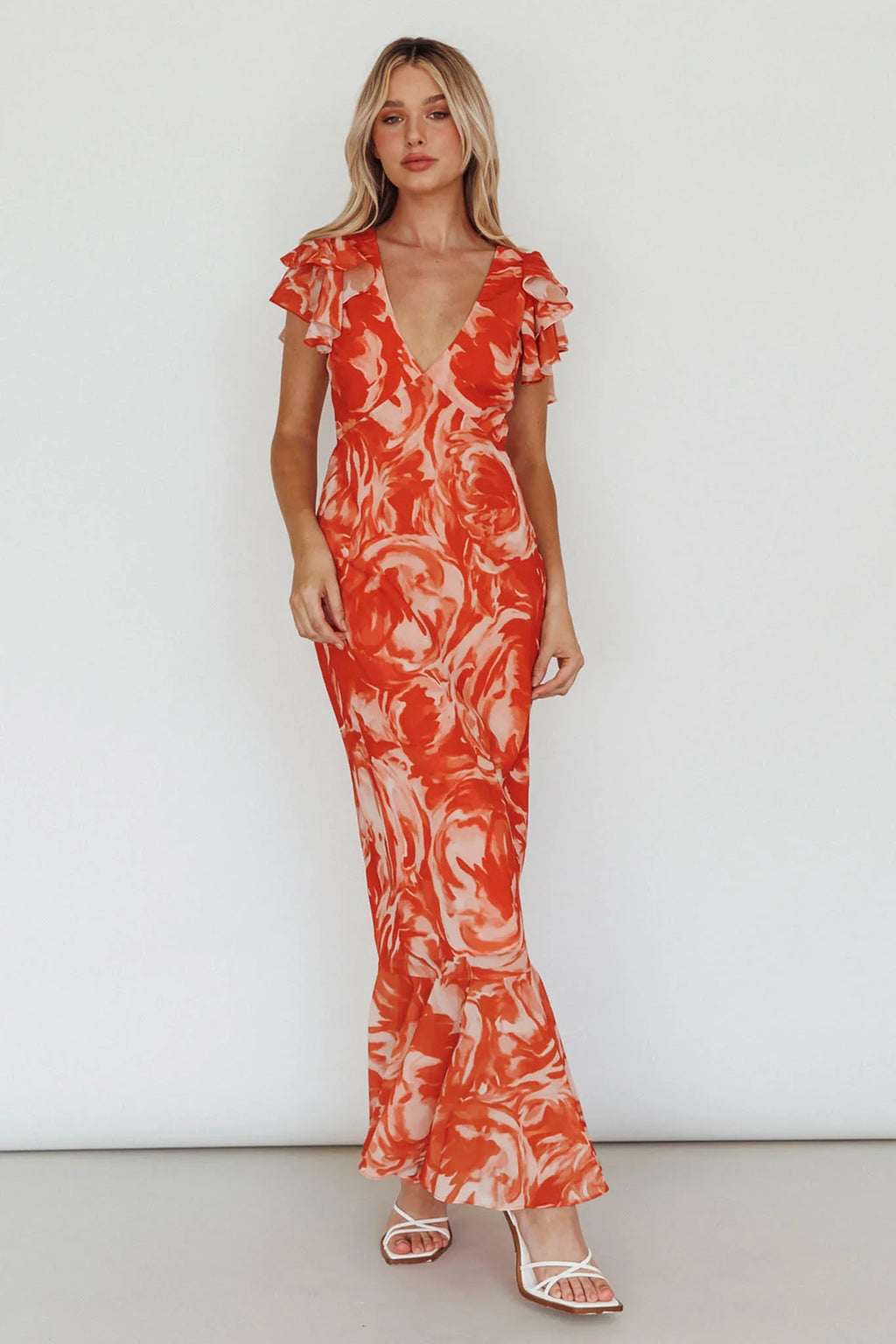 Lydiah Ruffle Sleeve Maxi Dress Floral Orange