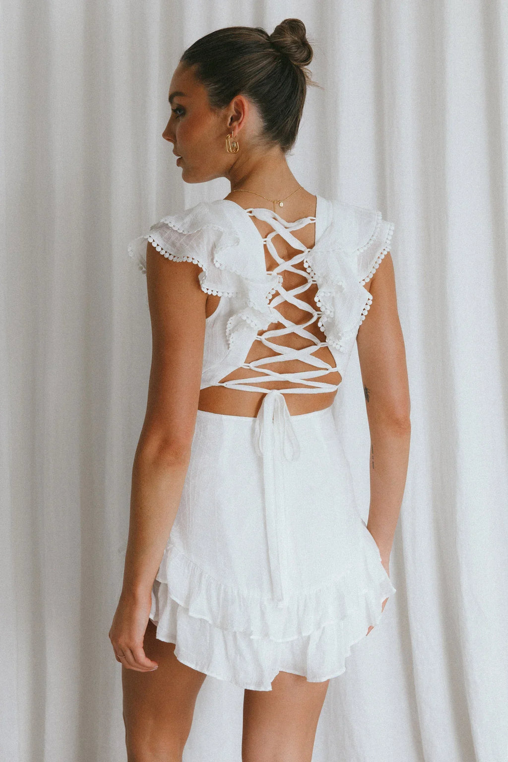 Charade Ruffle Shoulder Corset Back Dress White