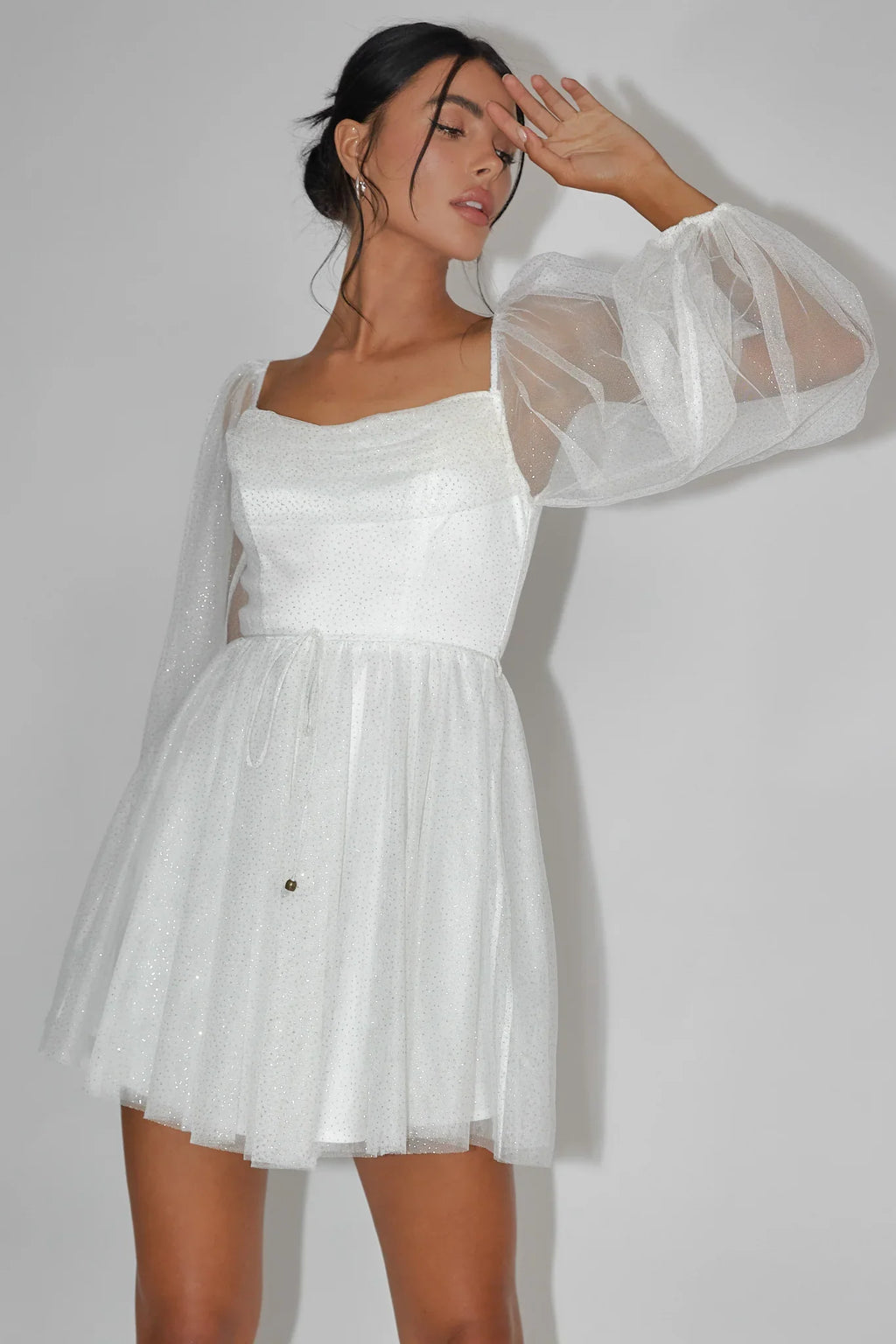 Fairytale Dream Pleat Neckline Mini Dress Sparkle White/Gold