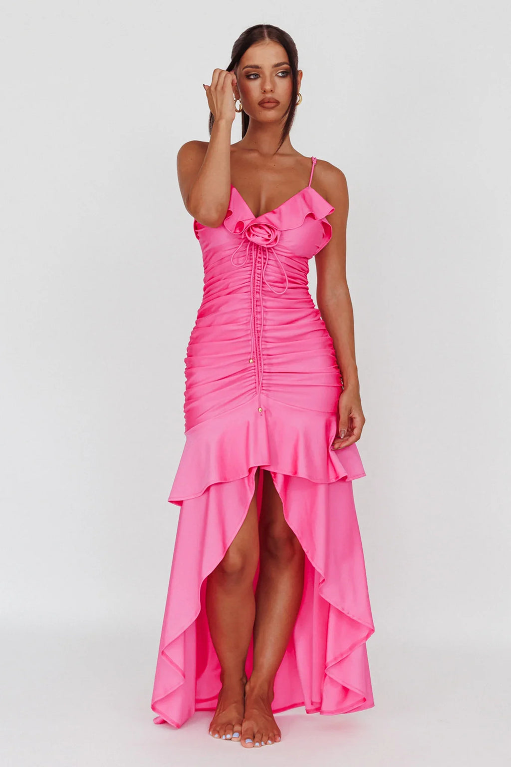 Rosalia Ruched Ruffle Maxi Dress Fuchsia