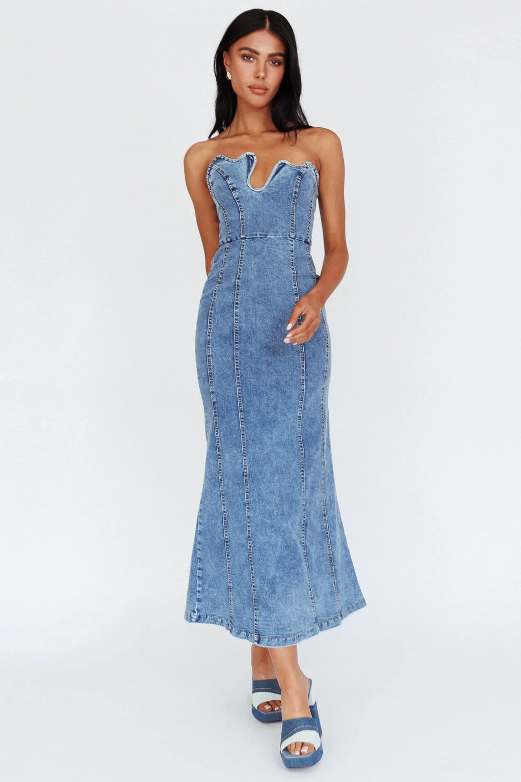 Horizon Strapless Wavy Neckline Midi Denim Blue