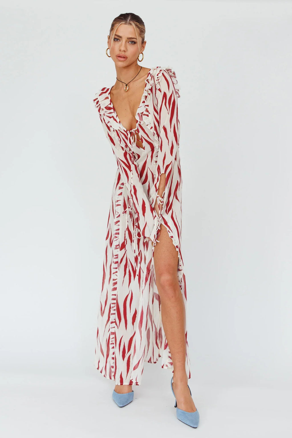 Oasis Moon Frill Trim Maxi Dress Printed Ruby