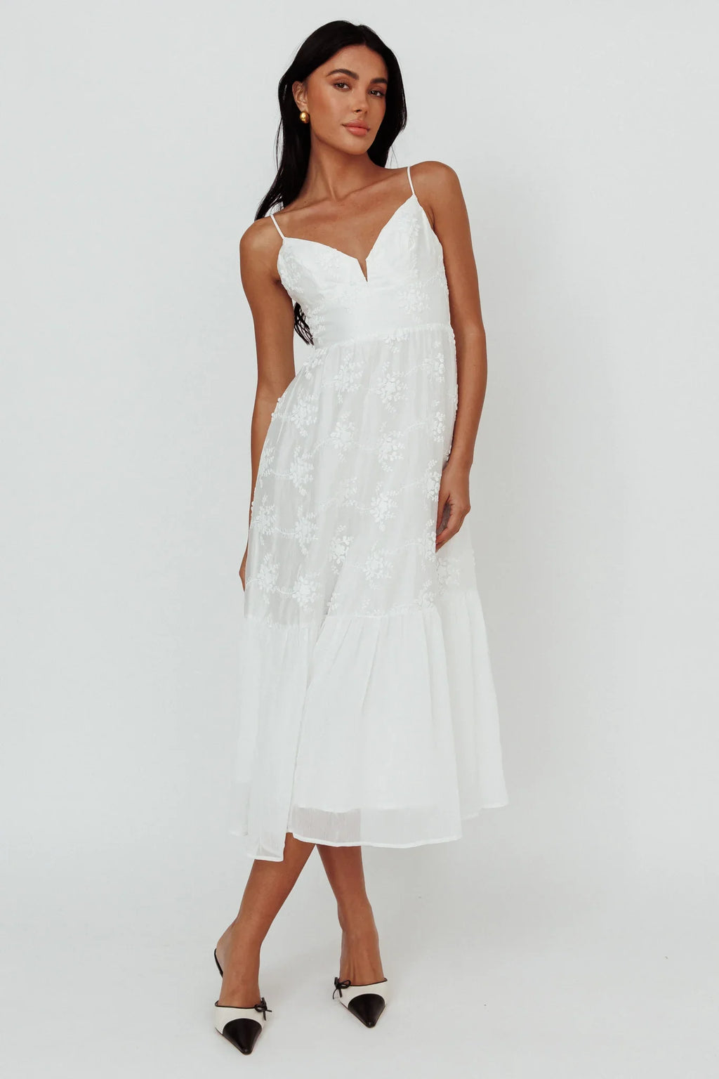 Lake Como Floral Embroidered Midi Dress White