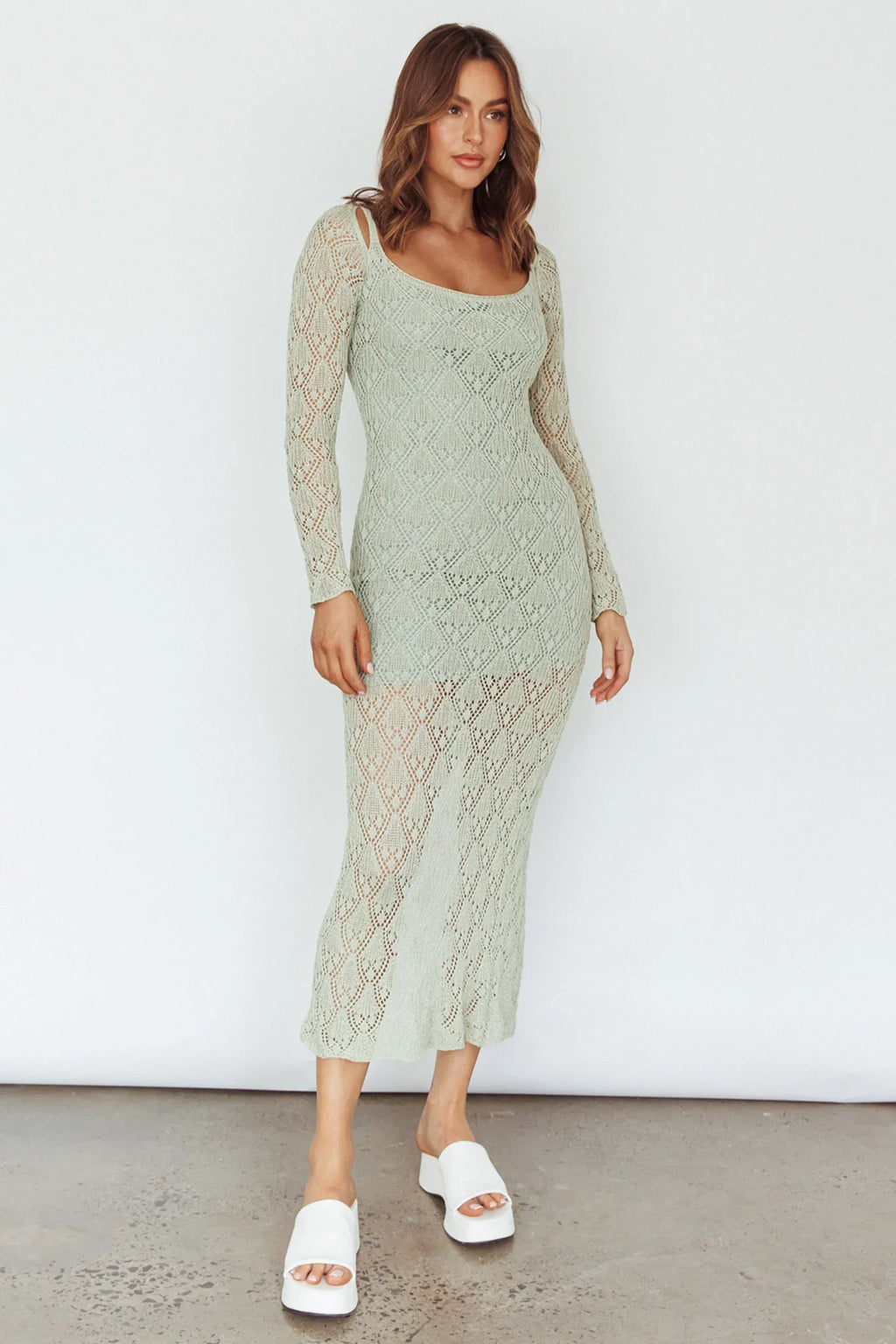 Happy Place Long Sleeve Crochet Midi Dress Sage