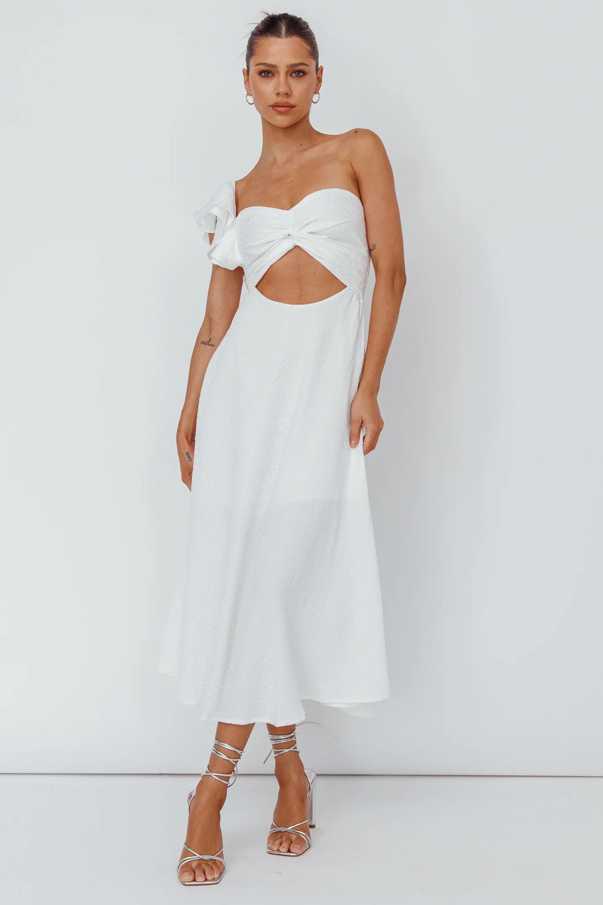 Jolina Ruffle Shoulder Midi Dress White