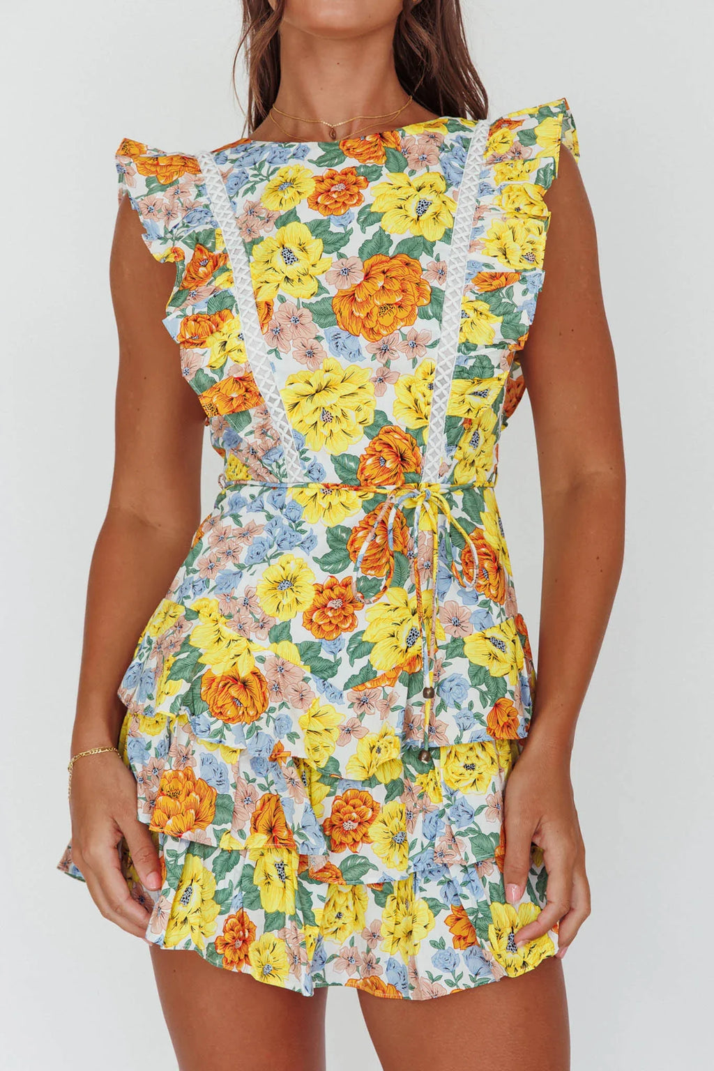 Weekend Muse Sleeveless Layered Frill Romper Yellow Floral