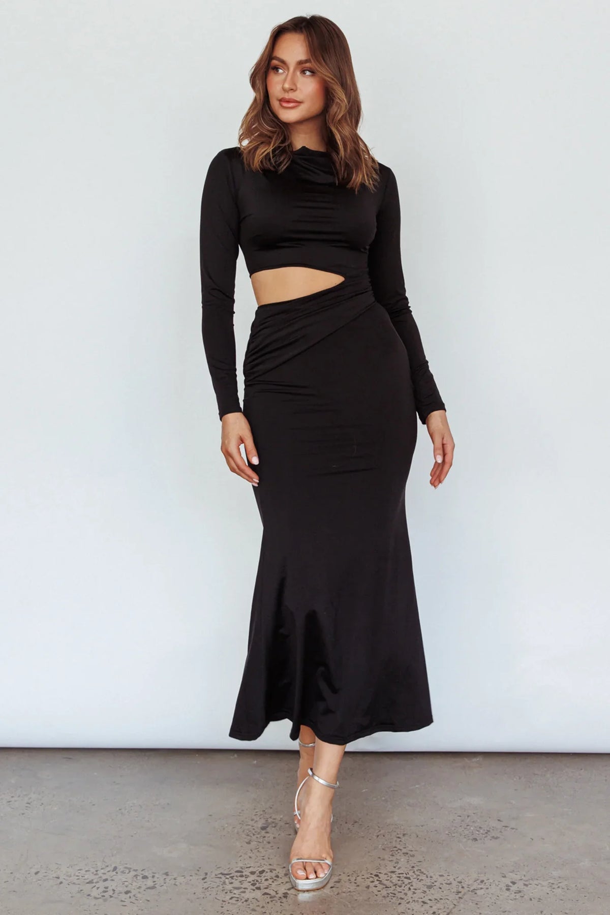 Rajah Long Sleeve Cut-Out Midi Dress Black