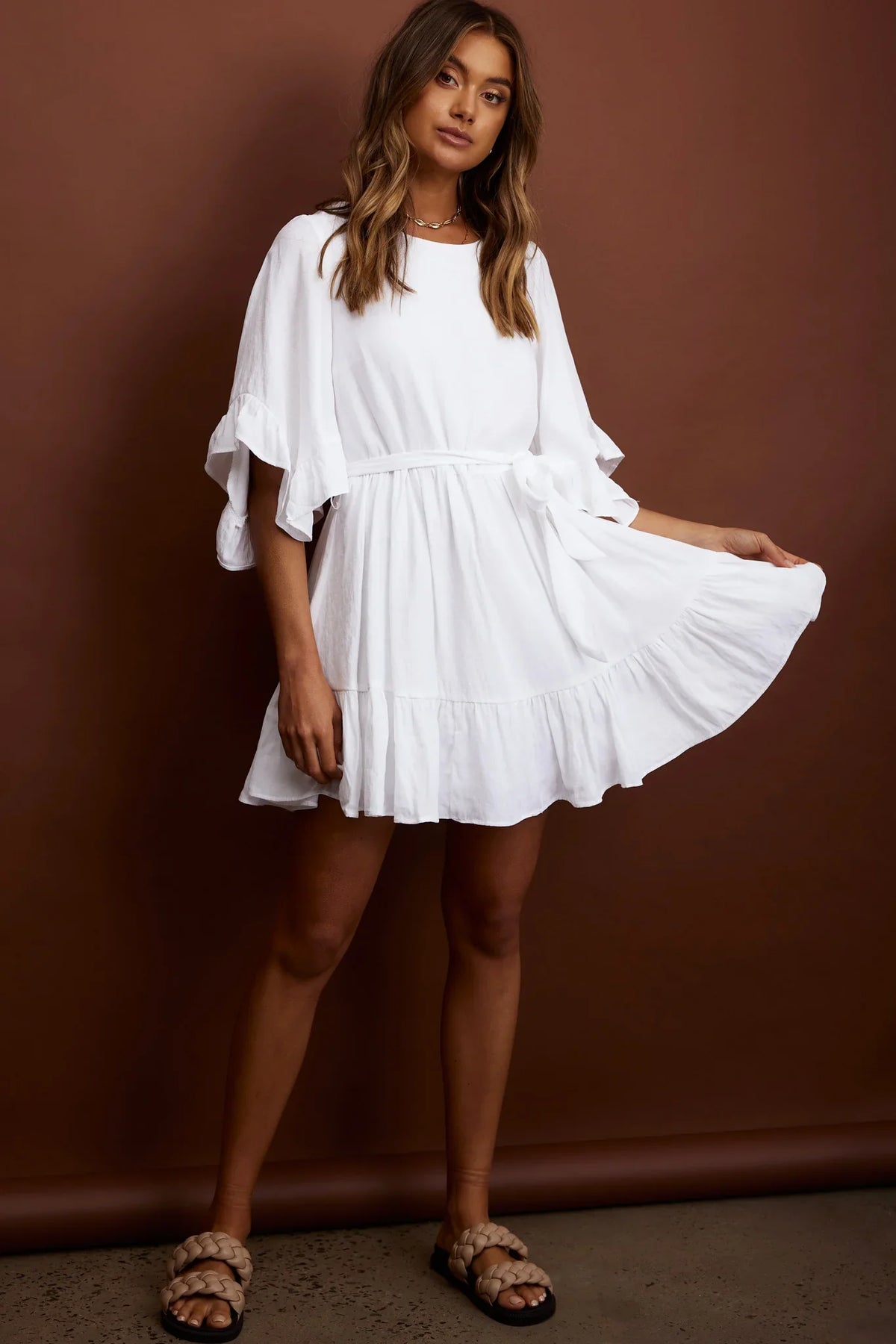 Joni Batwing Sleeve Waist Tie Dress Ruffle White