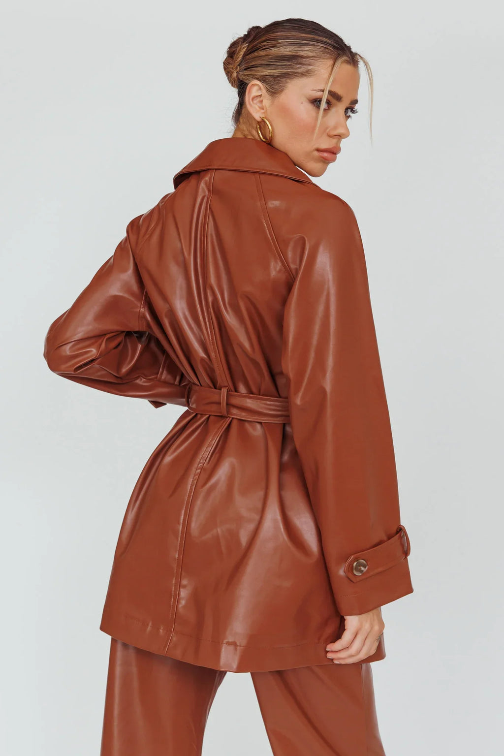 Noa Faux Leather Belted Jacket Terracotta