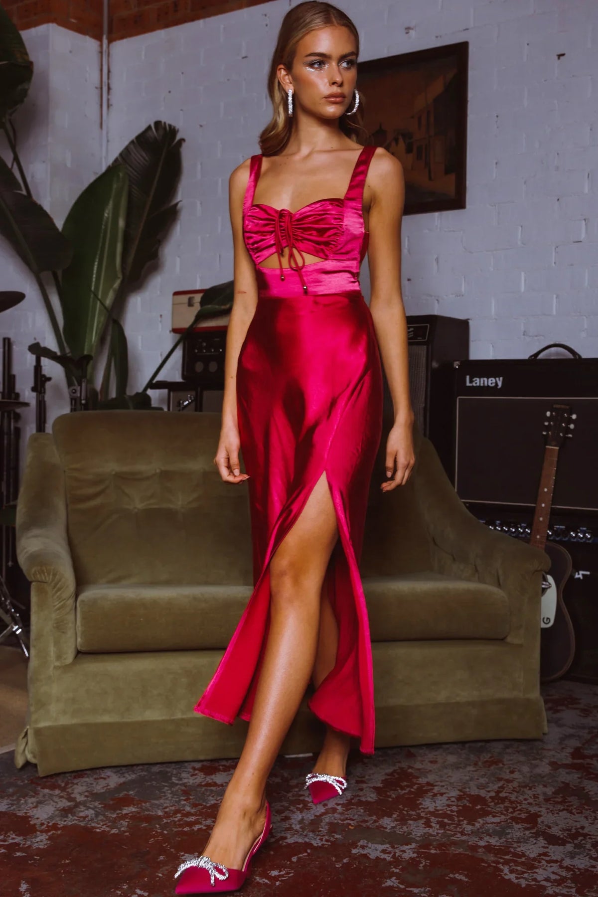 Belle Epoque Drawstring Bust Midi Dress Hot Pink