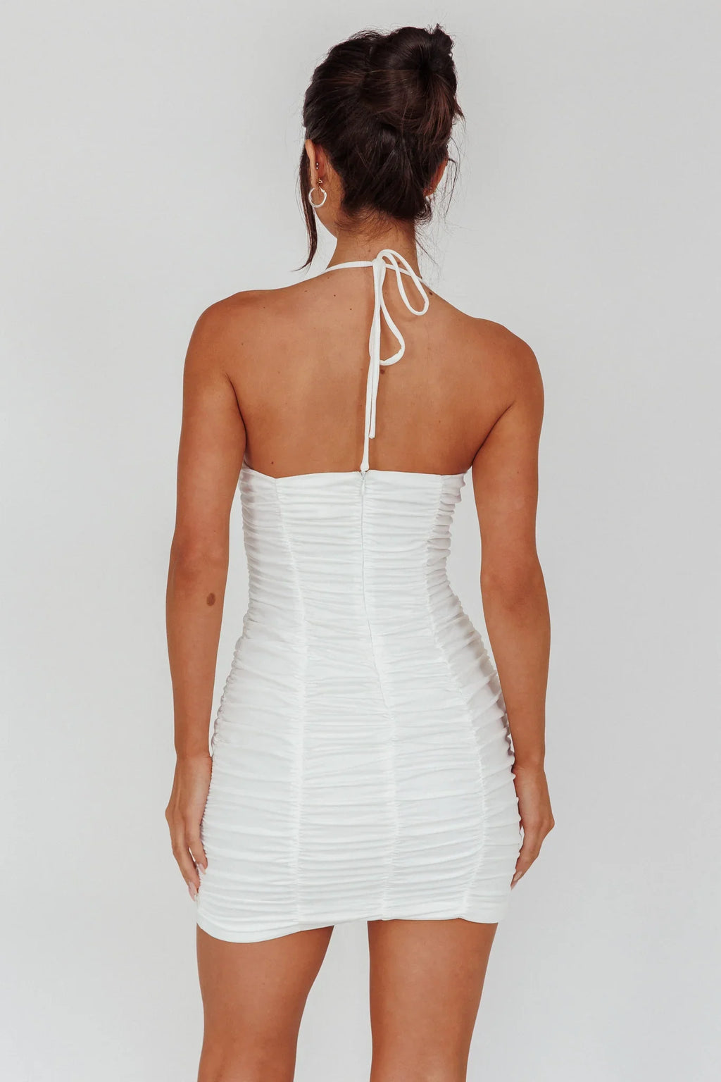 Harli Ruched Drawstring Keyhole Mini Dress White