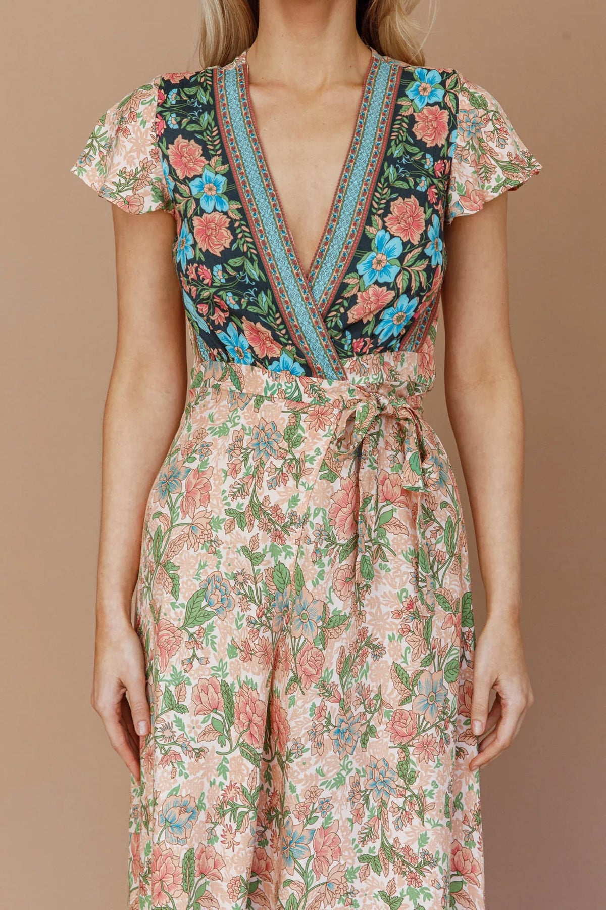 Mayan Angel Sleeve Wrap Midi Dress Floral Nude