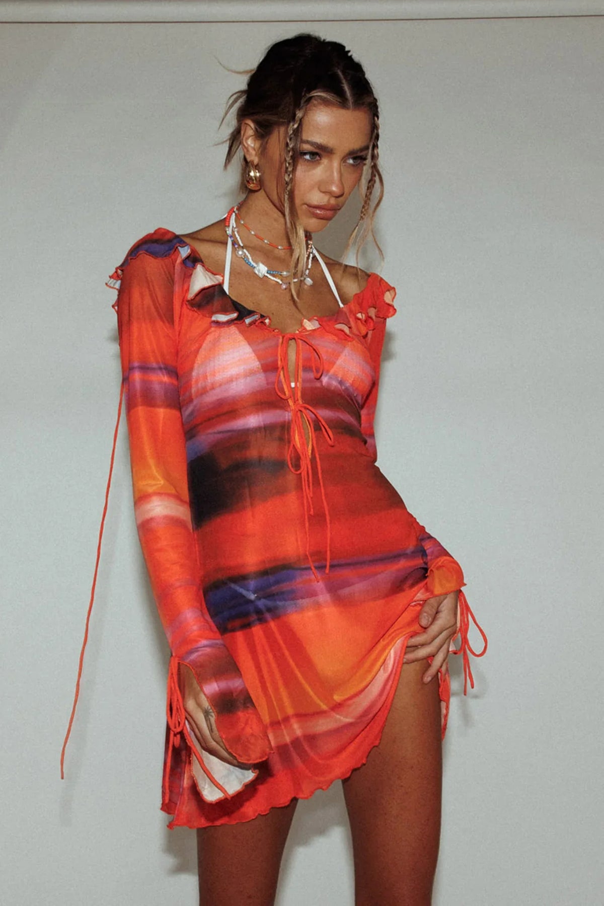 Bohemia Tied Bust Long Sleeve Dress Orange