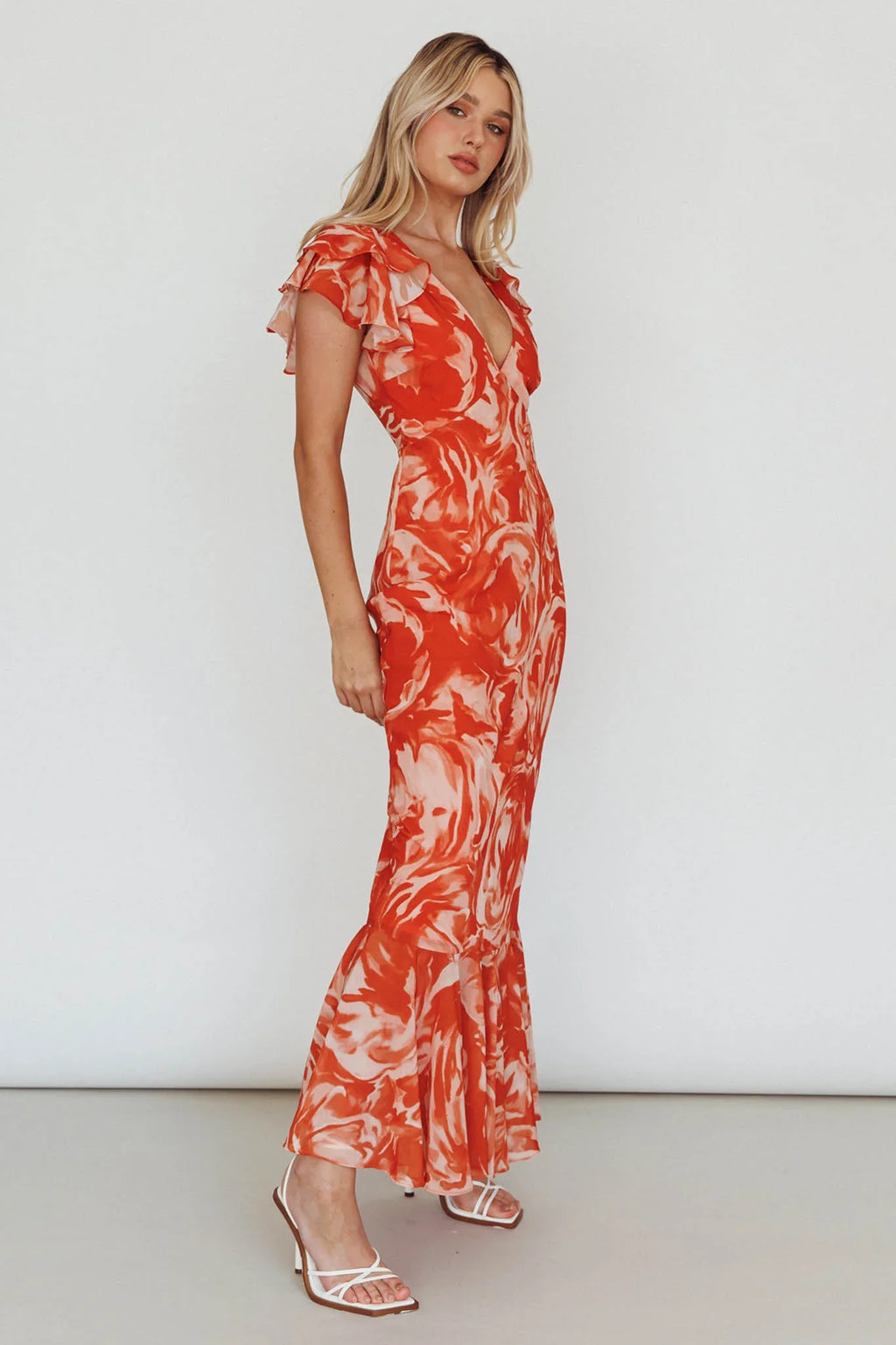 Lydiah Ruffle Sleeve Maxi Dress Floral Orange