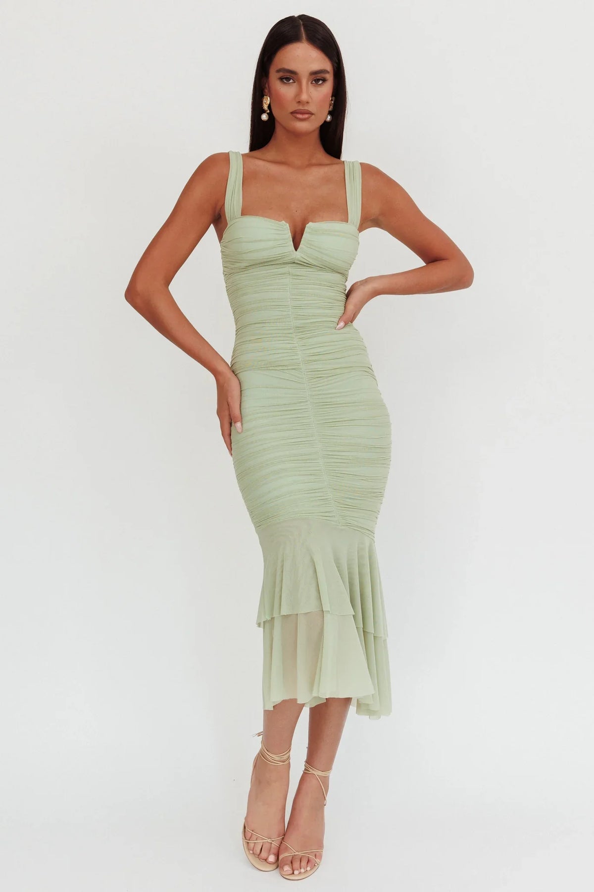Nadia Ruched Fishtail Maxi Dress Pistachio