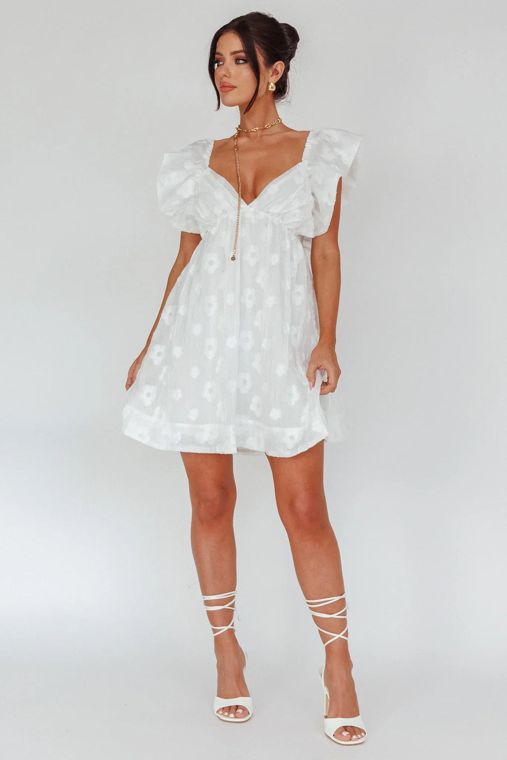 Melrose Place Floral Textured Frill Dress White