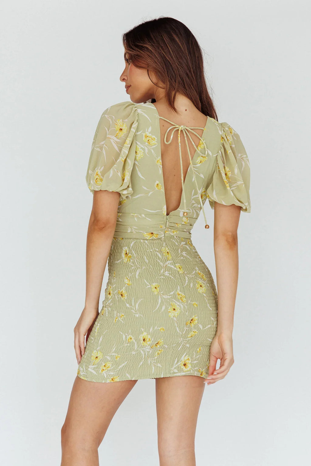 La Nena Shirred Mini Dress Floral Green