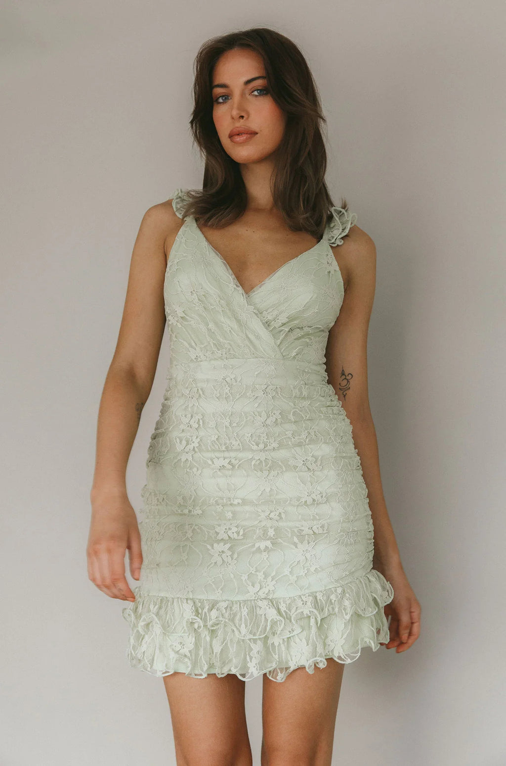 Kaley Ruched Side Layered Frill Hem Lace Mini Dress Sage