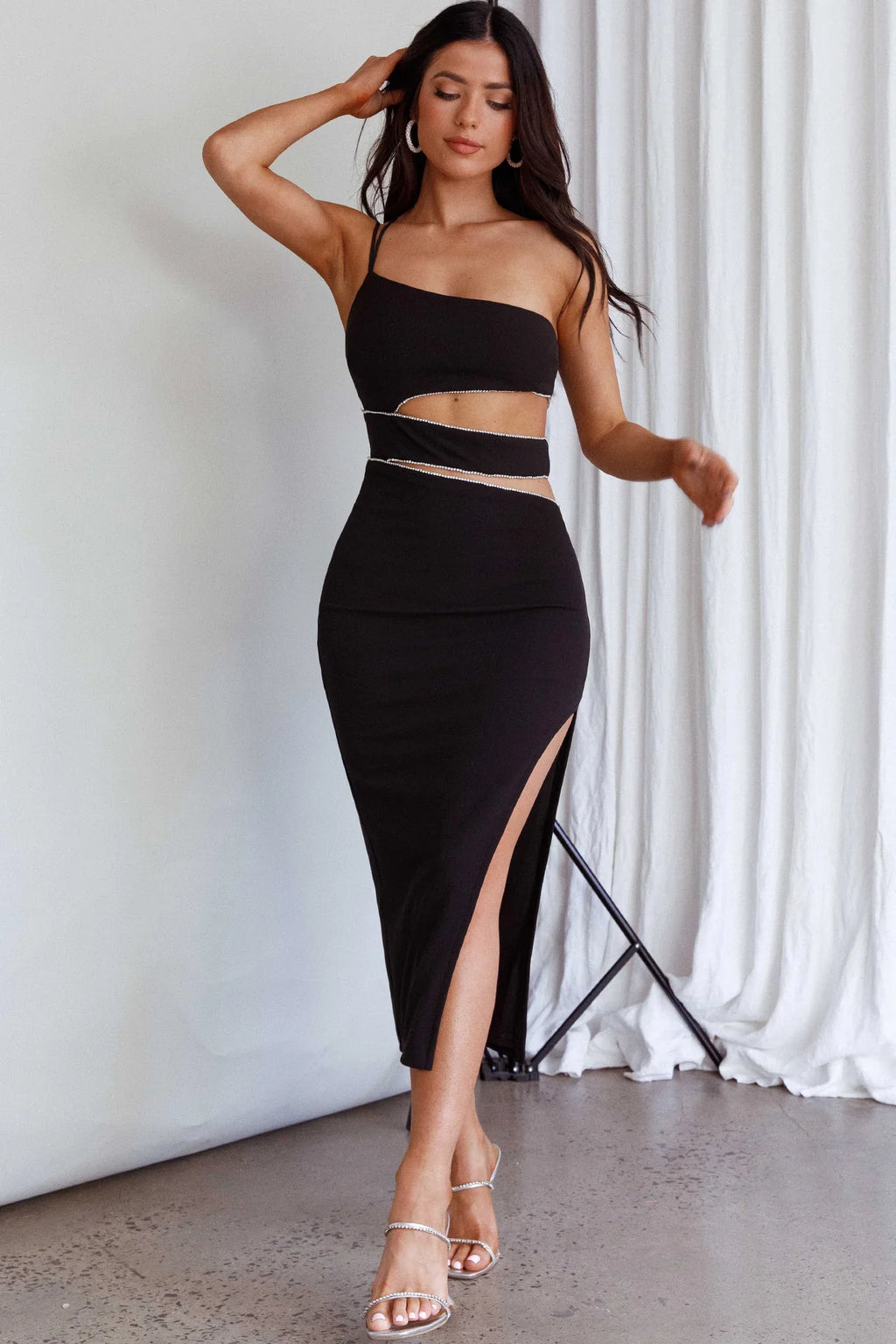Raye Cut-Out Waist Rhinestone Midi Dress Black