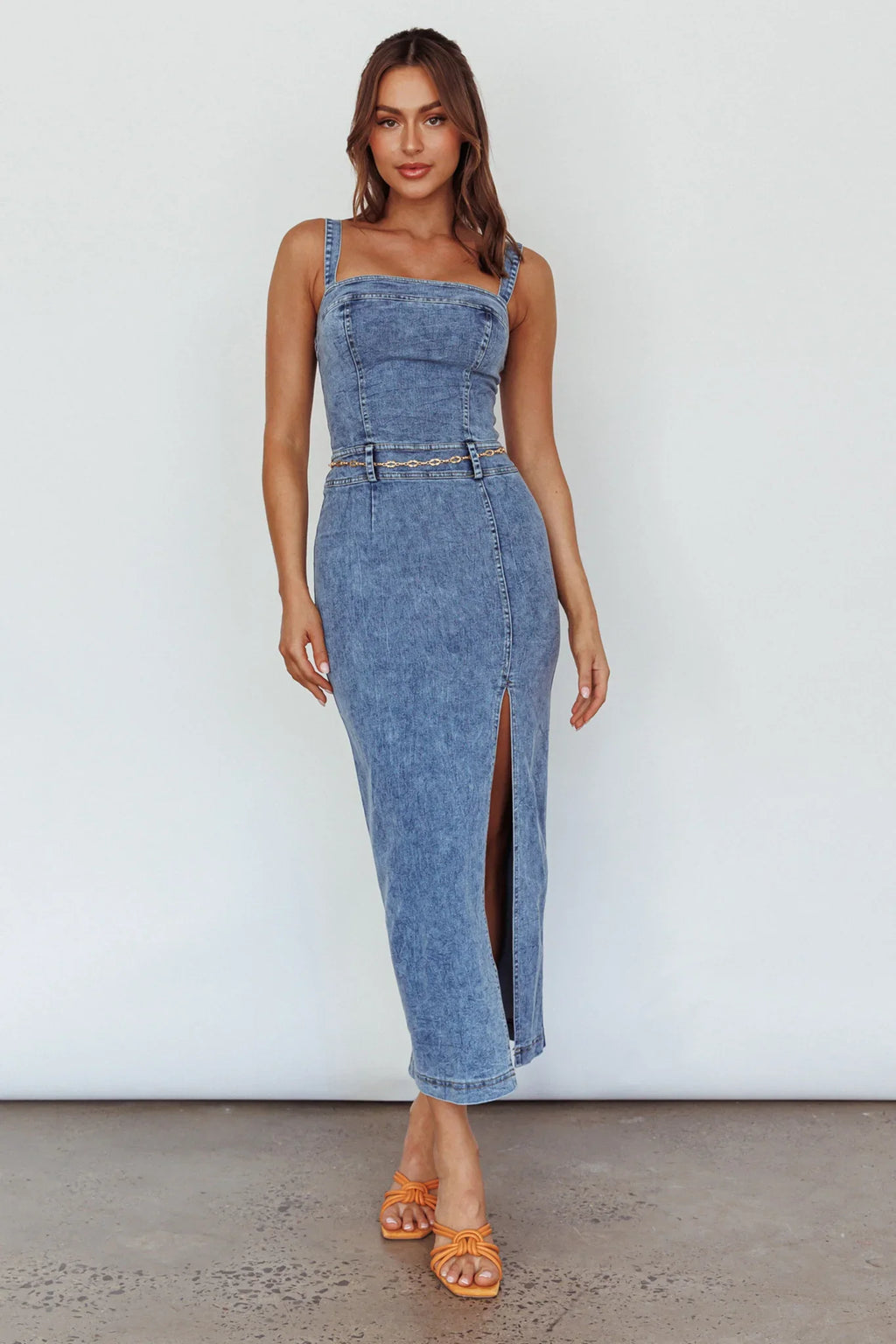 Onyx Thigh Split Midi Dress Denim