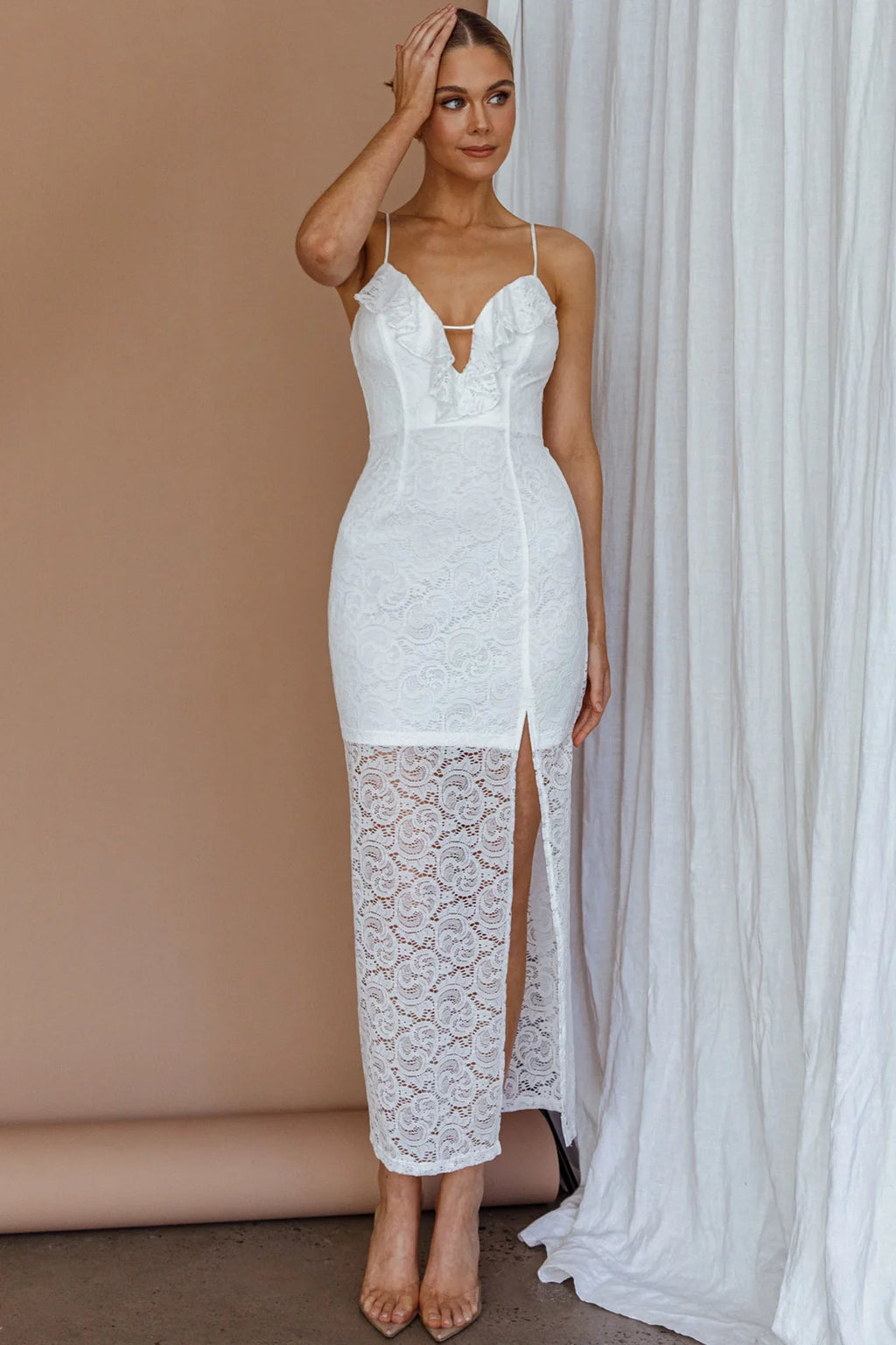 Evaleigh Frill Trim Lace Midi Dress White