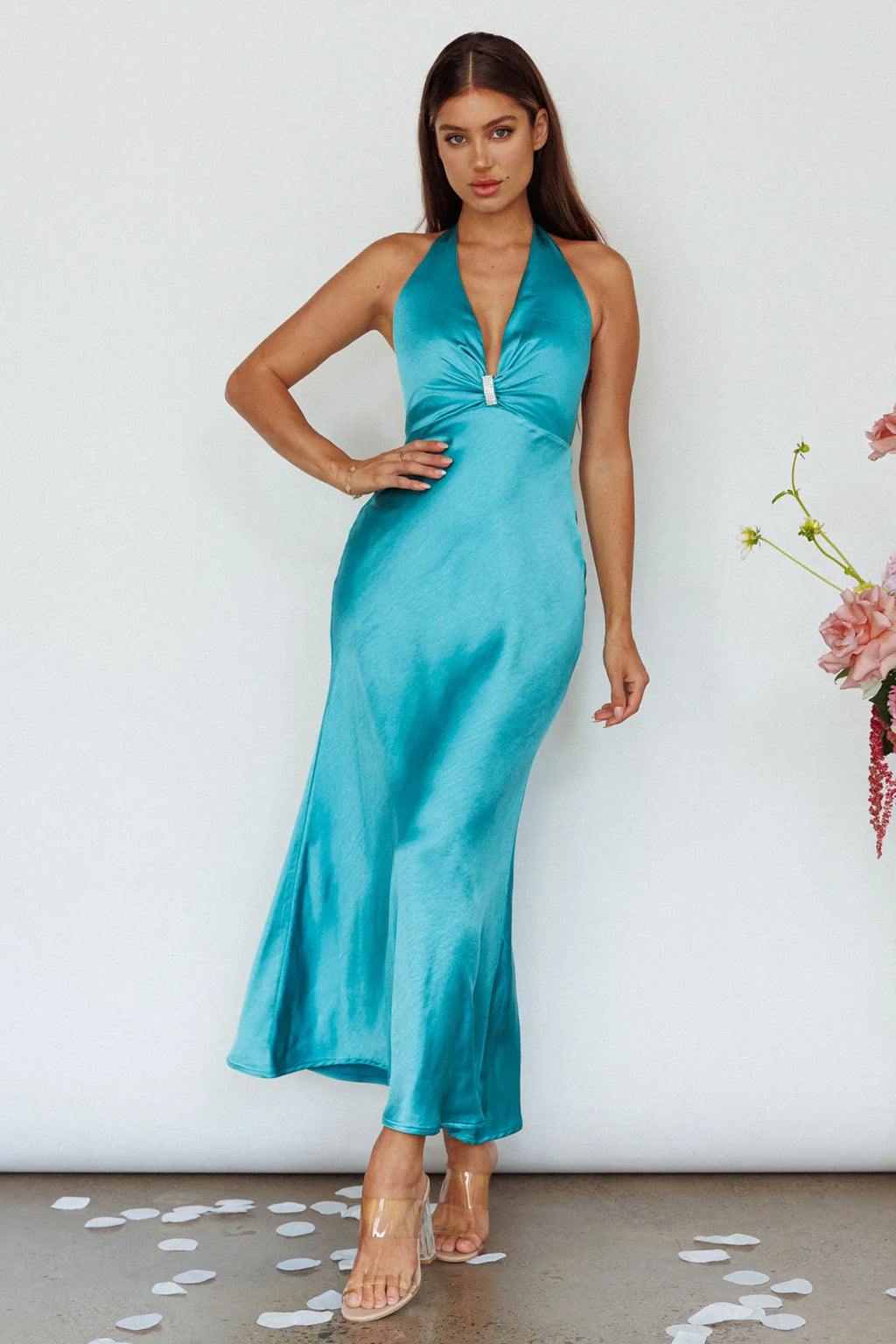 Oasis Diamante Halterneck Maxi Dress Turquoise