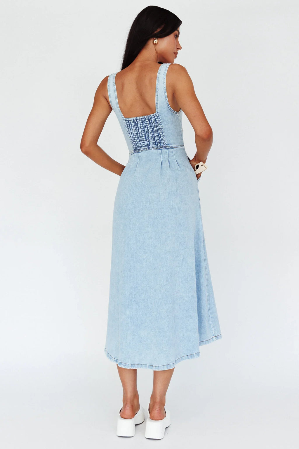Pixie Dust Button Front Midi Dress Denim Blue