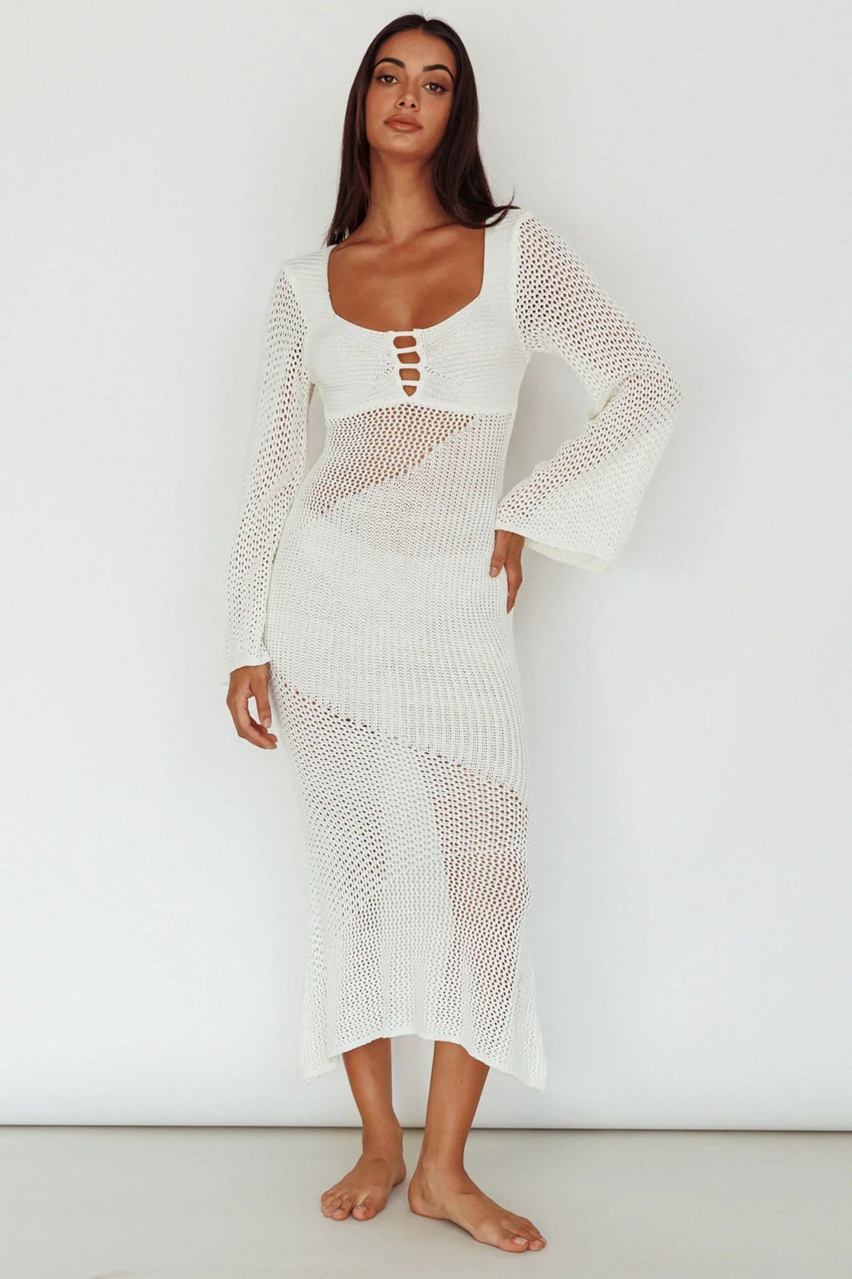 Zizi Long Sleeve Crochet Maxi Dress White