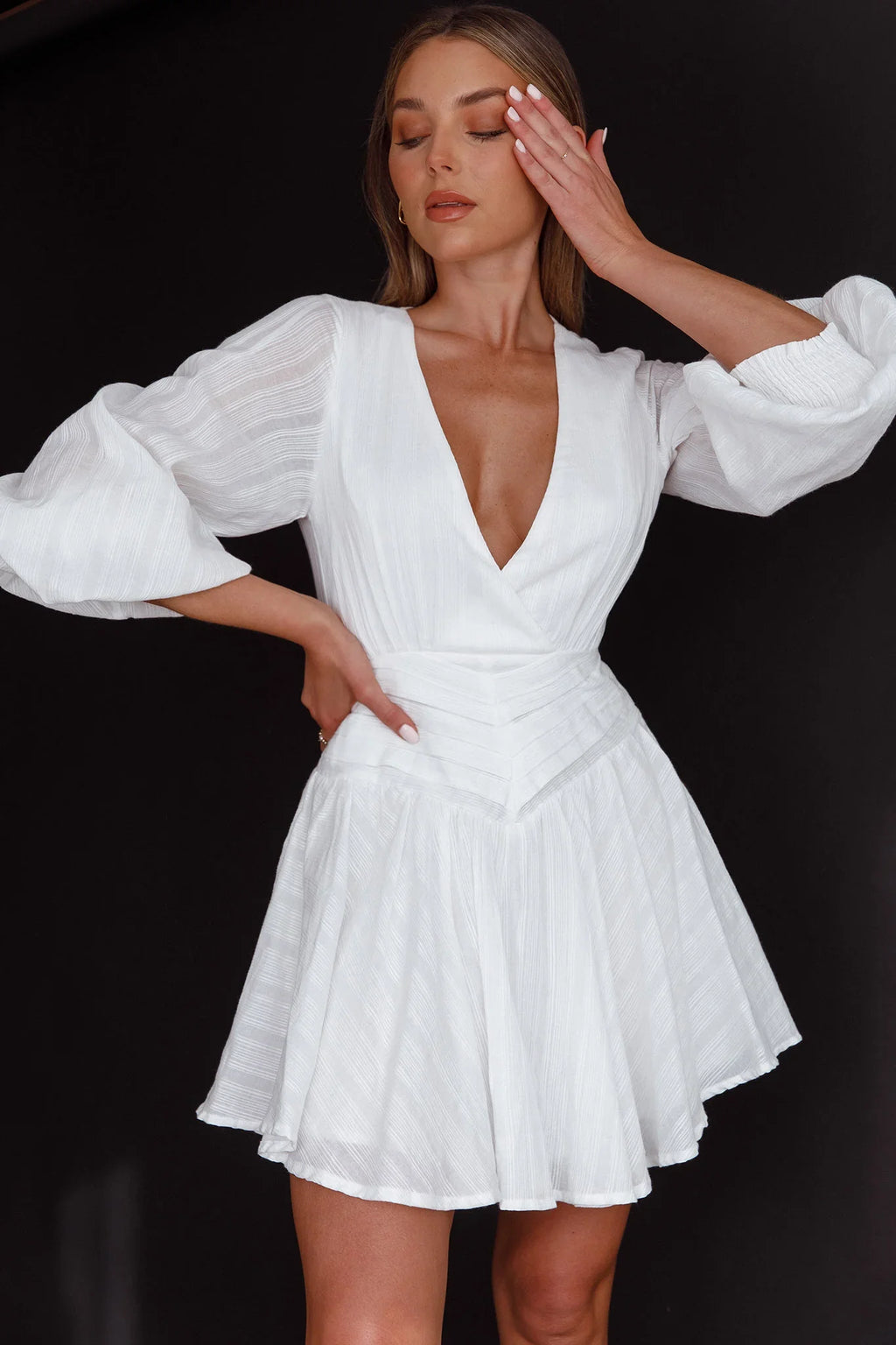 Sweet Escape Lantern Sleeve Pintuck Dress White
