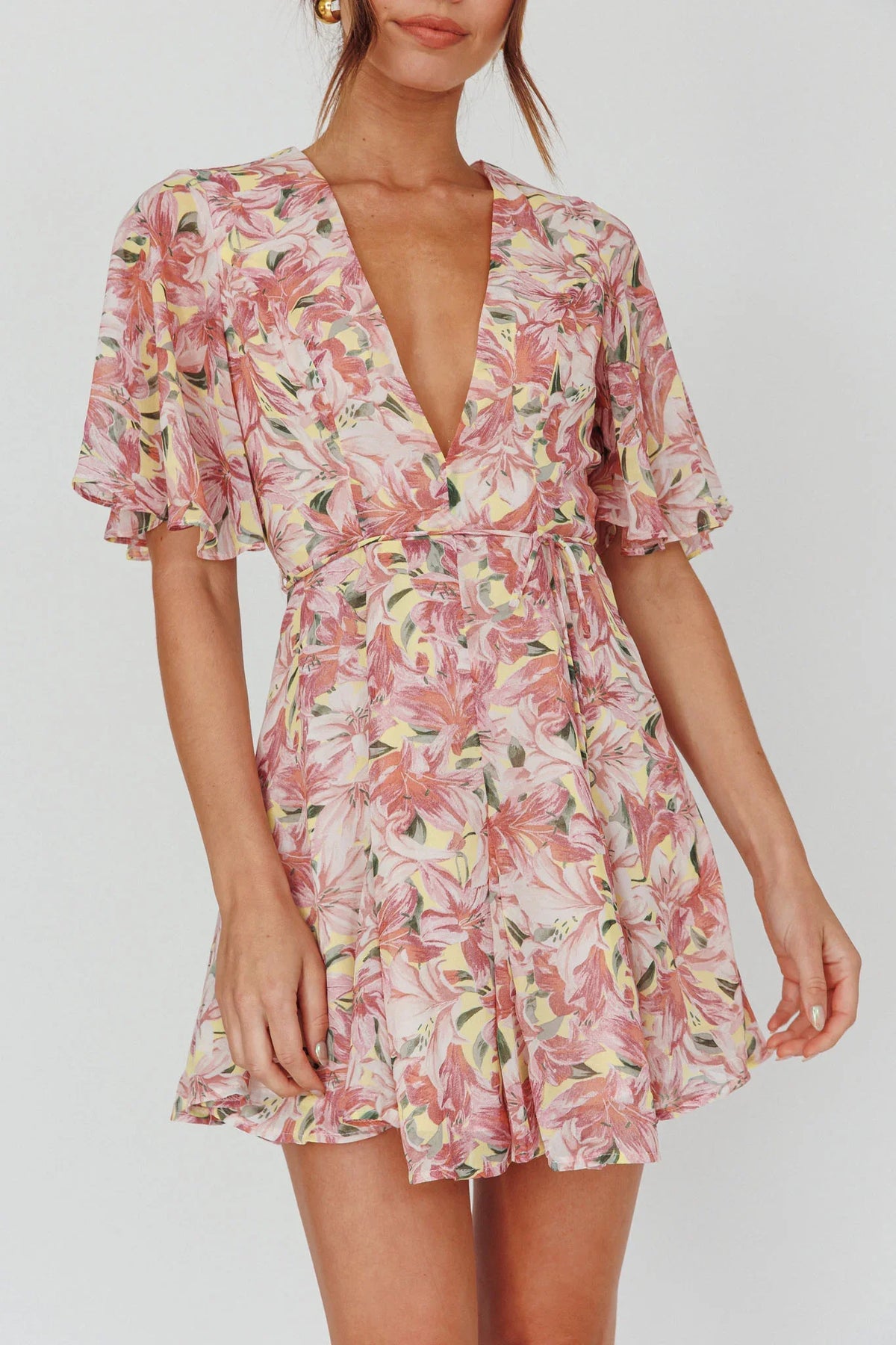 Estelle Angel Sleeve Dress Lily Print Yellow