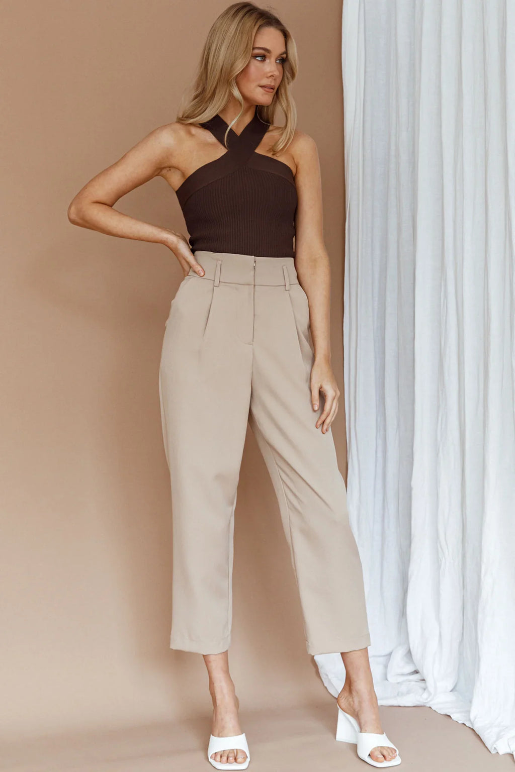 Kansas Crossover Neck Knit Top Brown