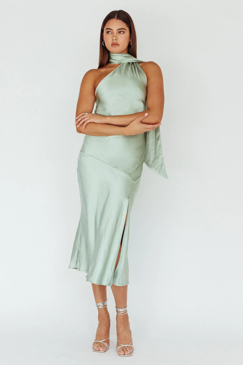 Italian Summer Tie Neck Midi Dress Sage