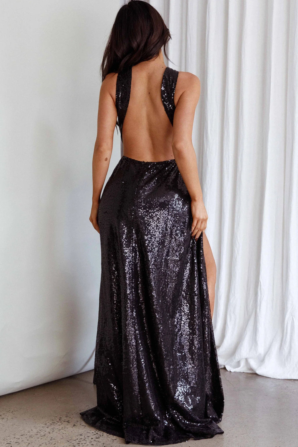 Kimba High Split Sequin Dress Black