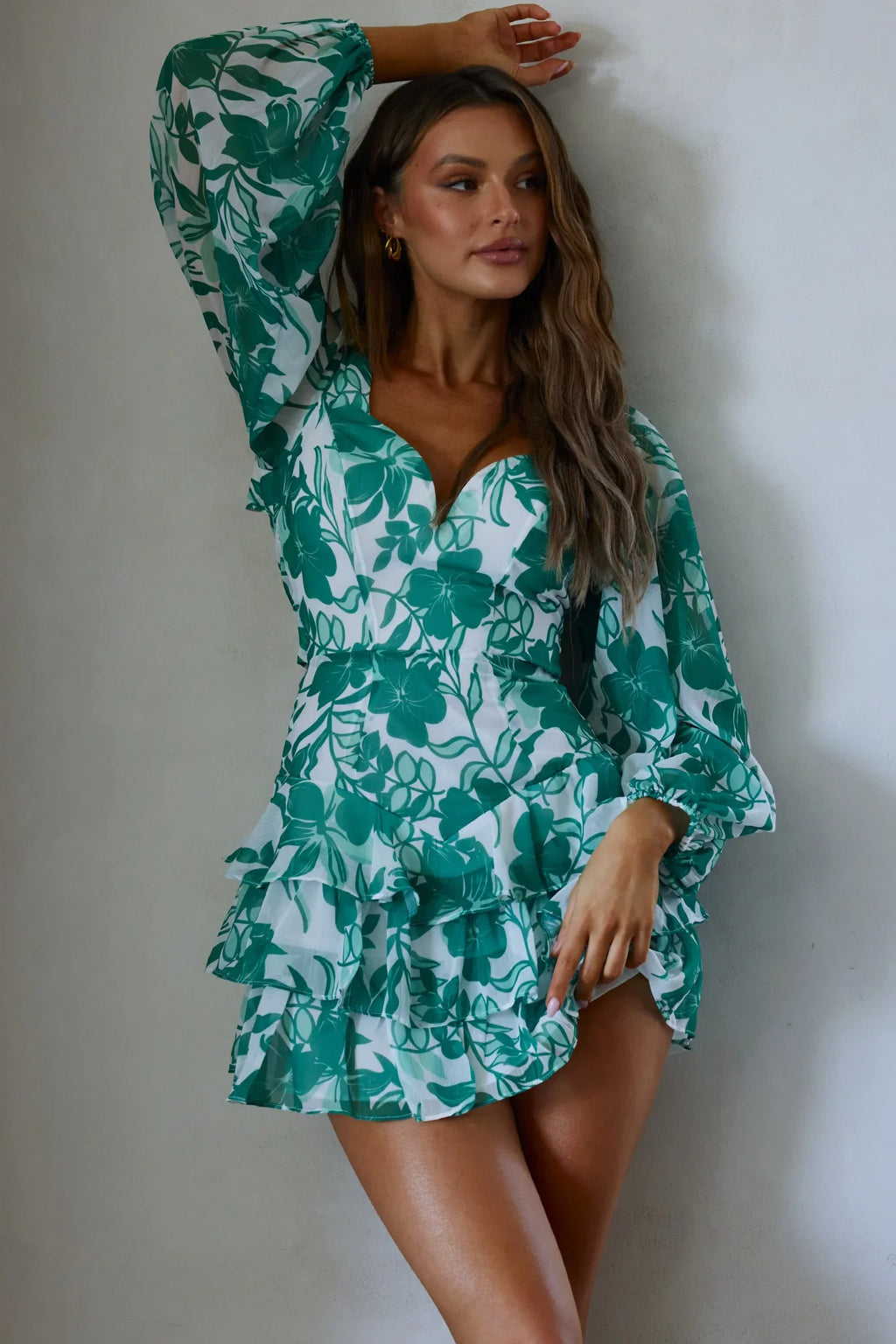 Romance Novel Long Sleeve Tied Back Floral Dress Green