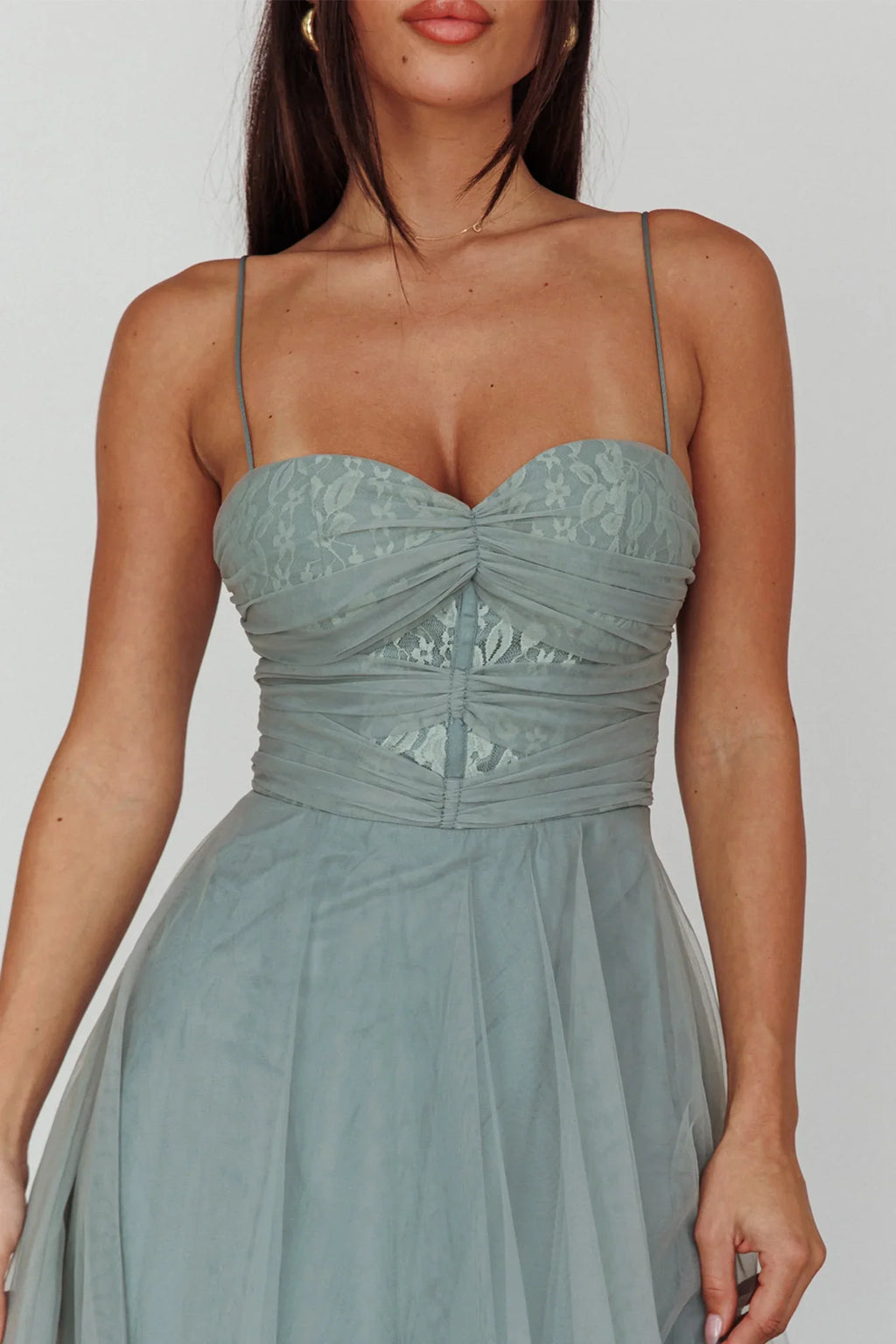 Smitten Lace Insert Tulle Midi Dress Sage