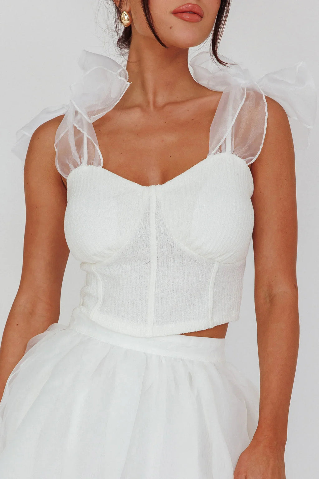 High Class Bow Shoulder Crop Top White