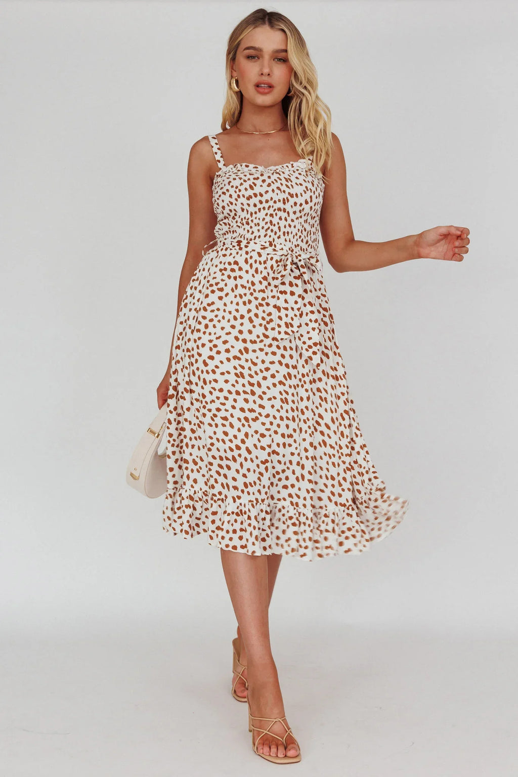 Honey Shirred Frill Midi Dress White/Brown