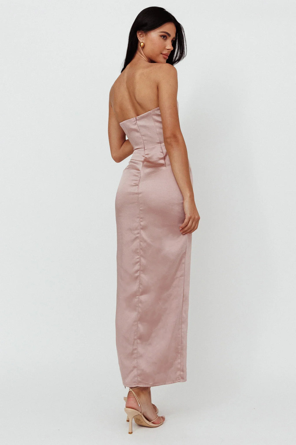 Winter Moon Strapless Lace Trim Midi Dress Dusty Pink