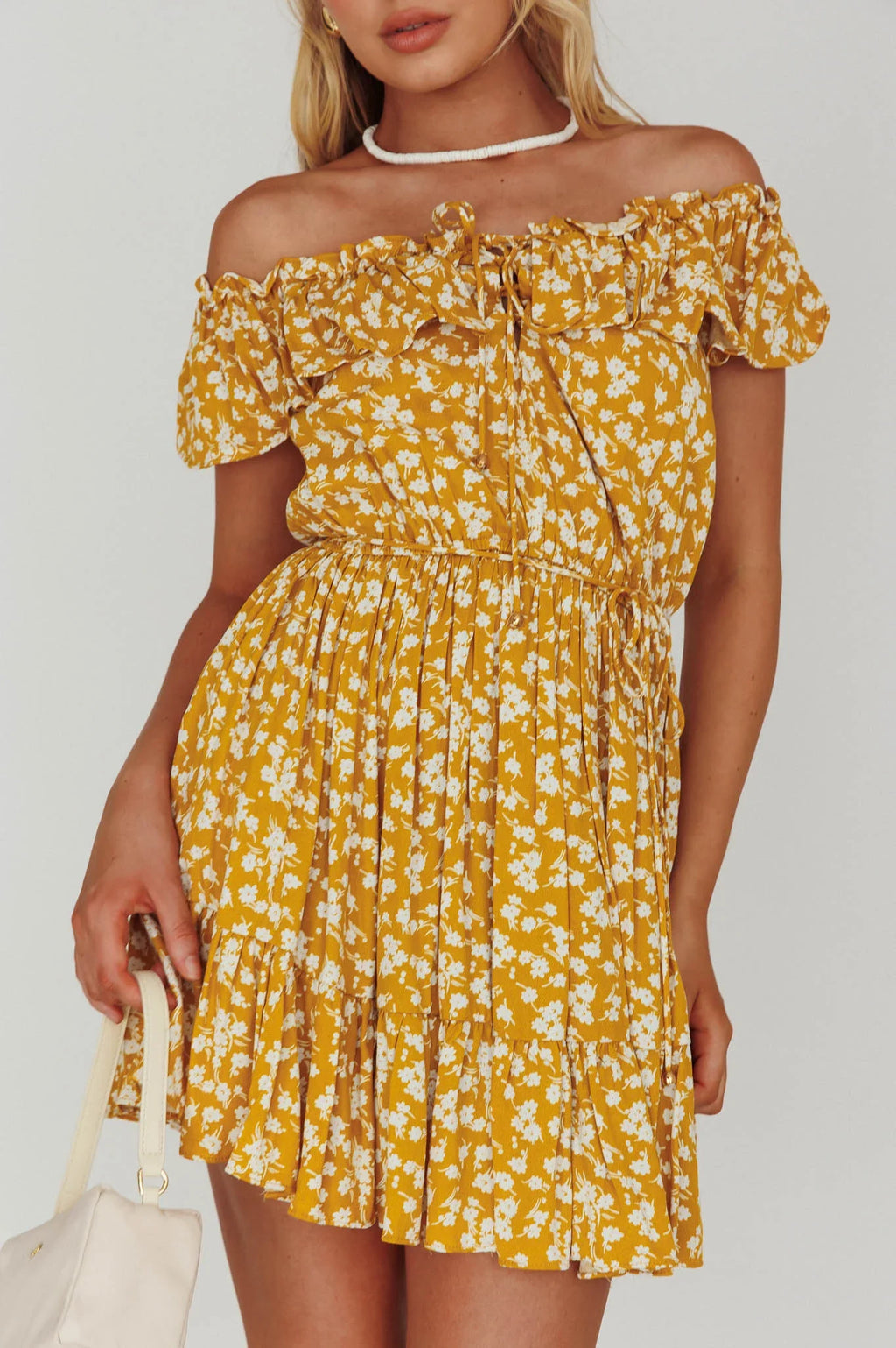 Andie Off-Shoulder Frill Dress Floral Yellow