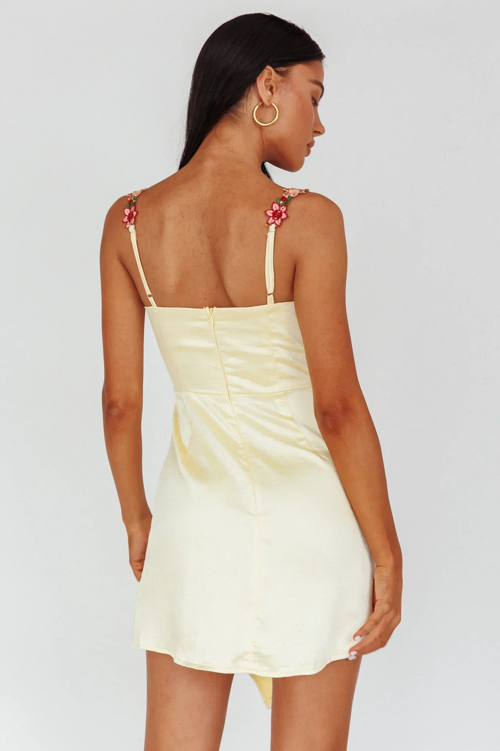 Rose Garden Floral Applique Wrap Mini Dress Lemon