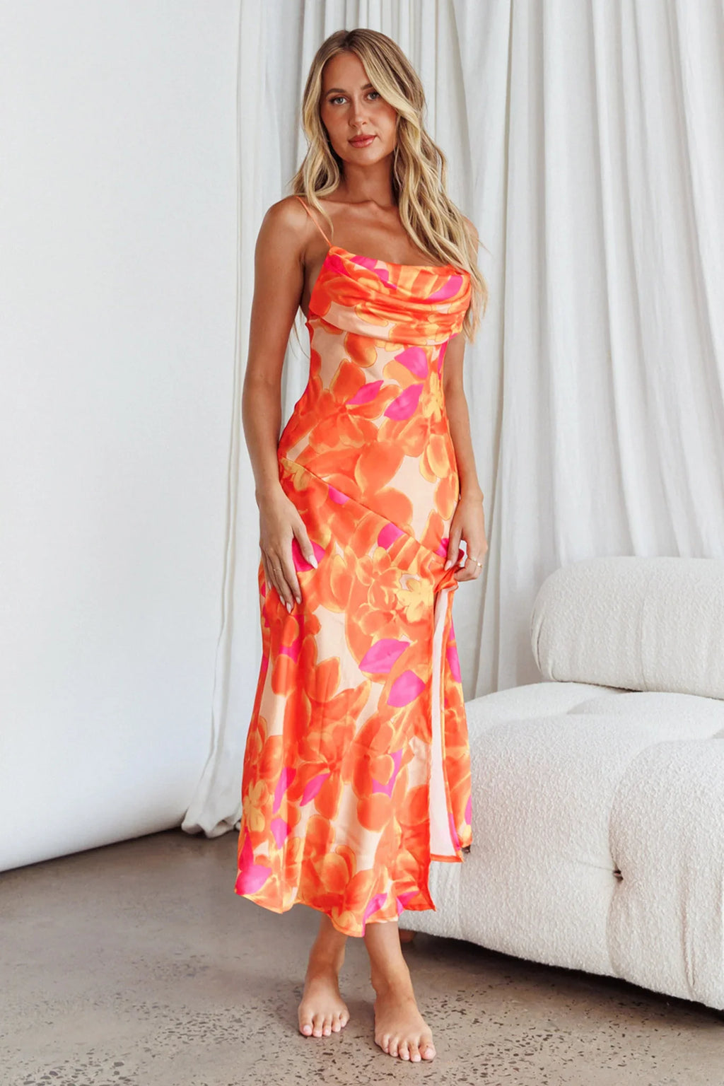 Well Versed Pleated Bust Front Split Dress Flora Orange