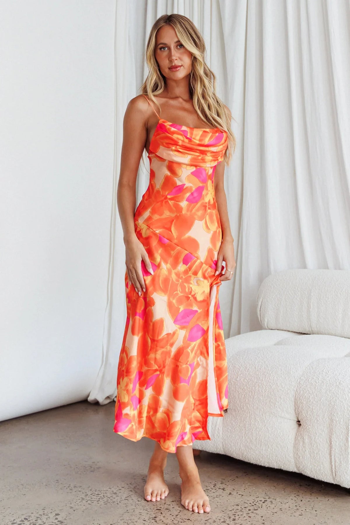 Well Versed Pleated Bust Front Split Dress Flora Orange