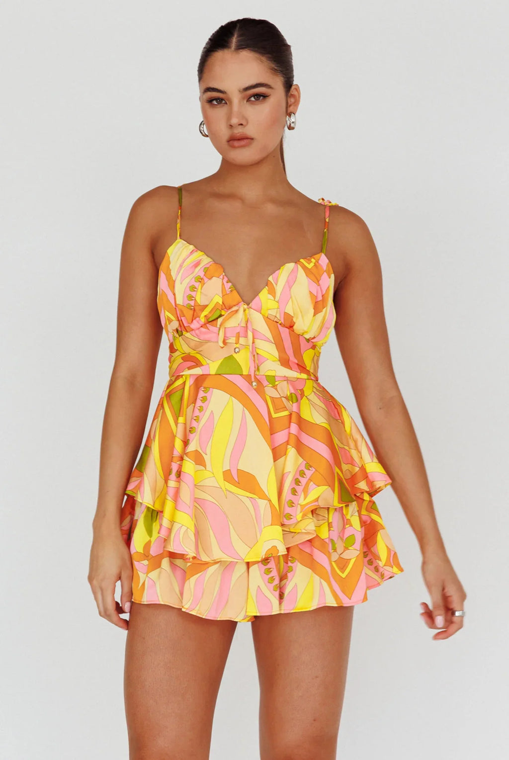 Happy Thoughts Tied Shoulder Romper Yellow Multi