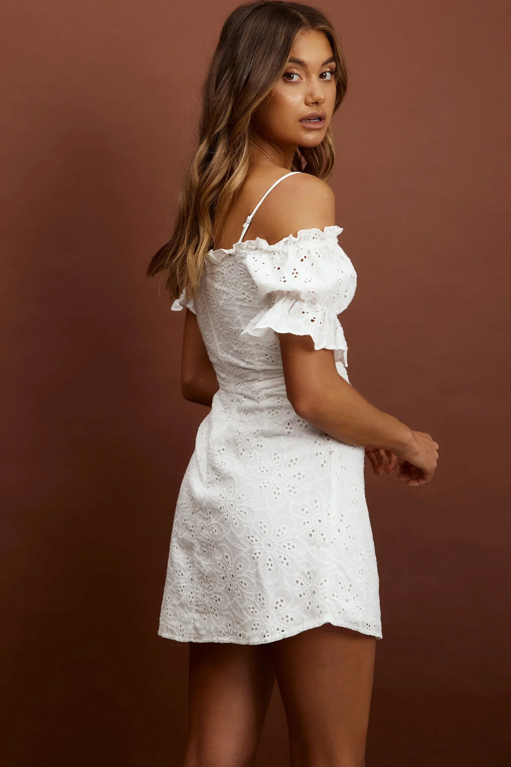 Toluca Puff Sleeve Frill Trim Eyelet Dress White