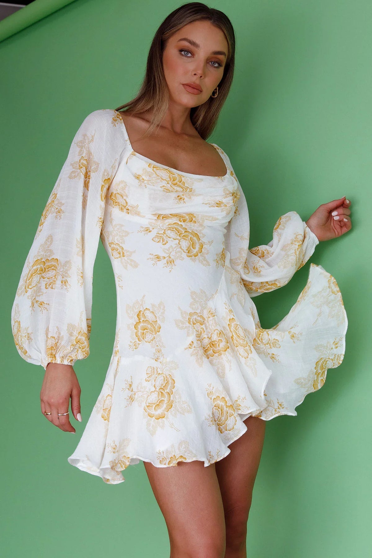 Beaujolais Long Sleeve Cowl Neckline Ruffle Mini Dress Floral Yellow