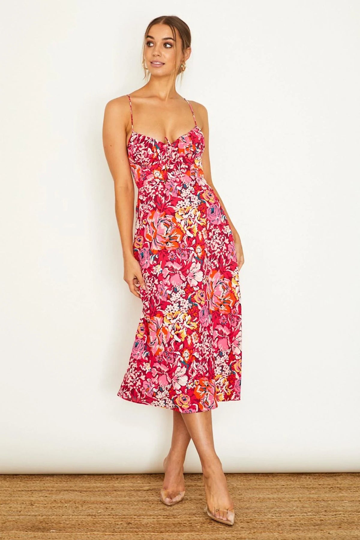 Malibu Gathered Bust Cami Strap Midi Dress Floral Red