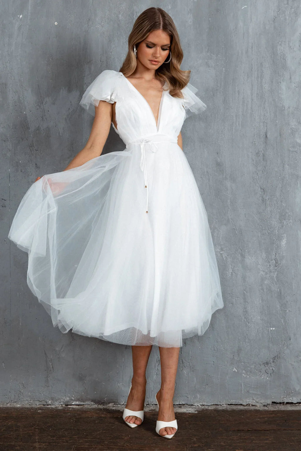 Leap Of Faith Frill Shoulder Tulle Midi Dress White